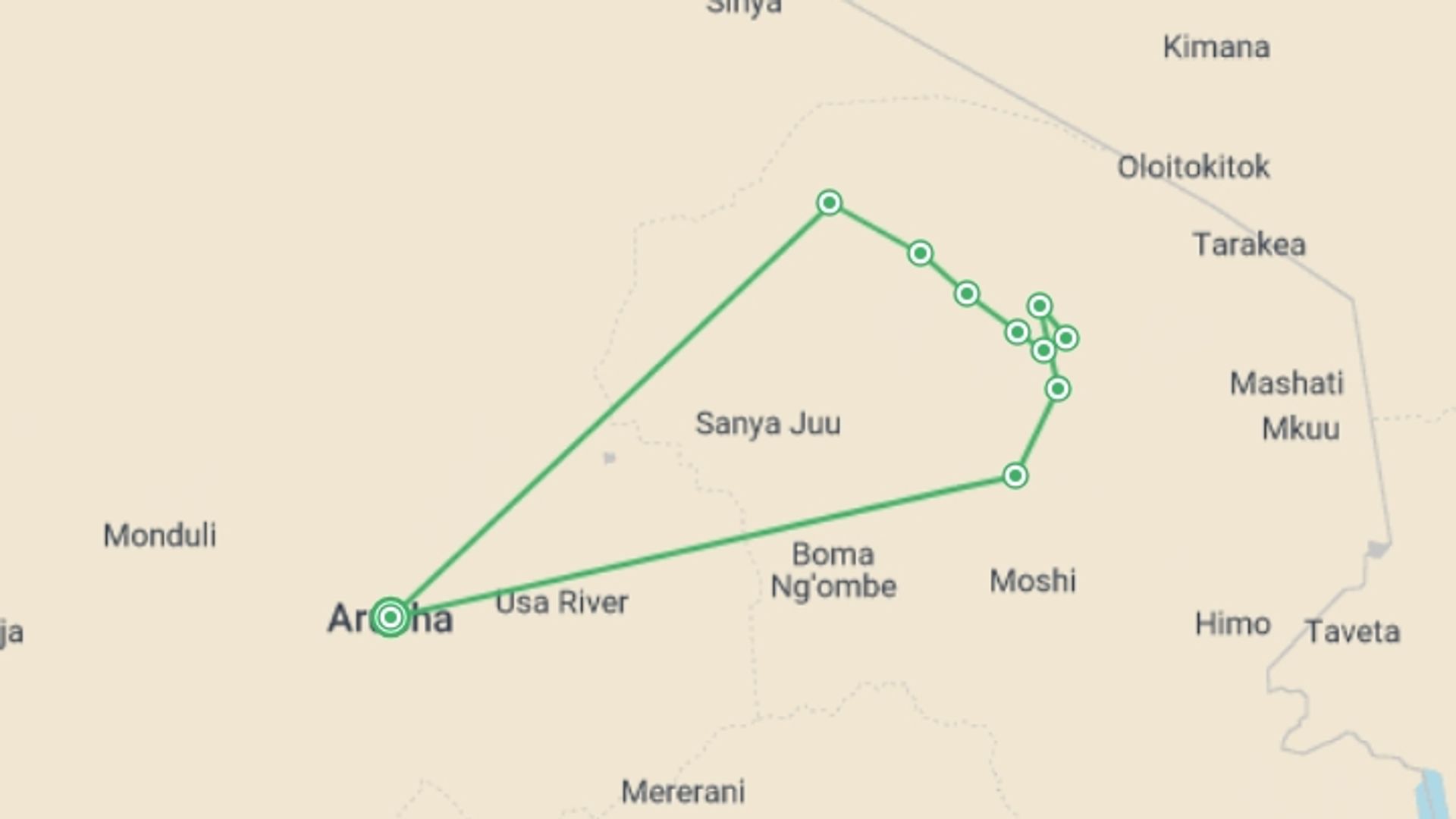 A map showing the tour itinerary for the trip: 9-Day Mt Kilimanjaro Climb (Lemosho Route), starting in Arusha, Tanzania and ending in Arusha, Tanzania going through 9 other destinations.