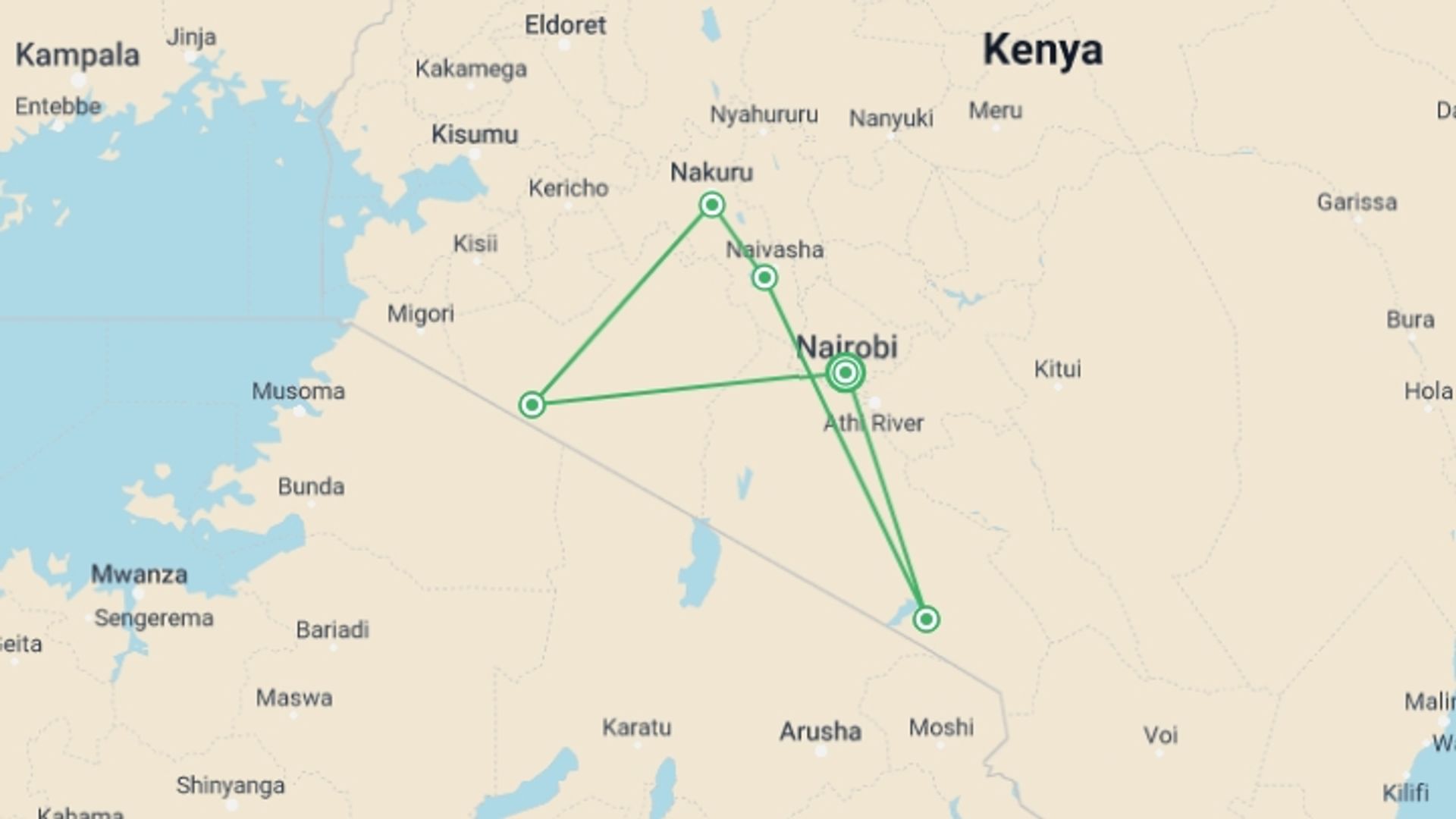 A map showing the tour itinerary for the trip:  7 Days Masai Mara, Lake Nakuru, Naivasha & Amboseli, starting in Nairobi, Kenya and ending in Nairobi, Kenya going through 5 other destinations.