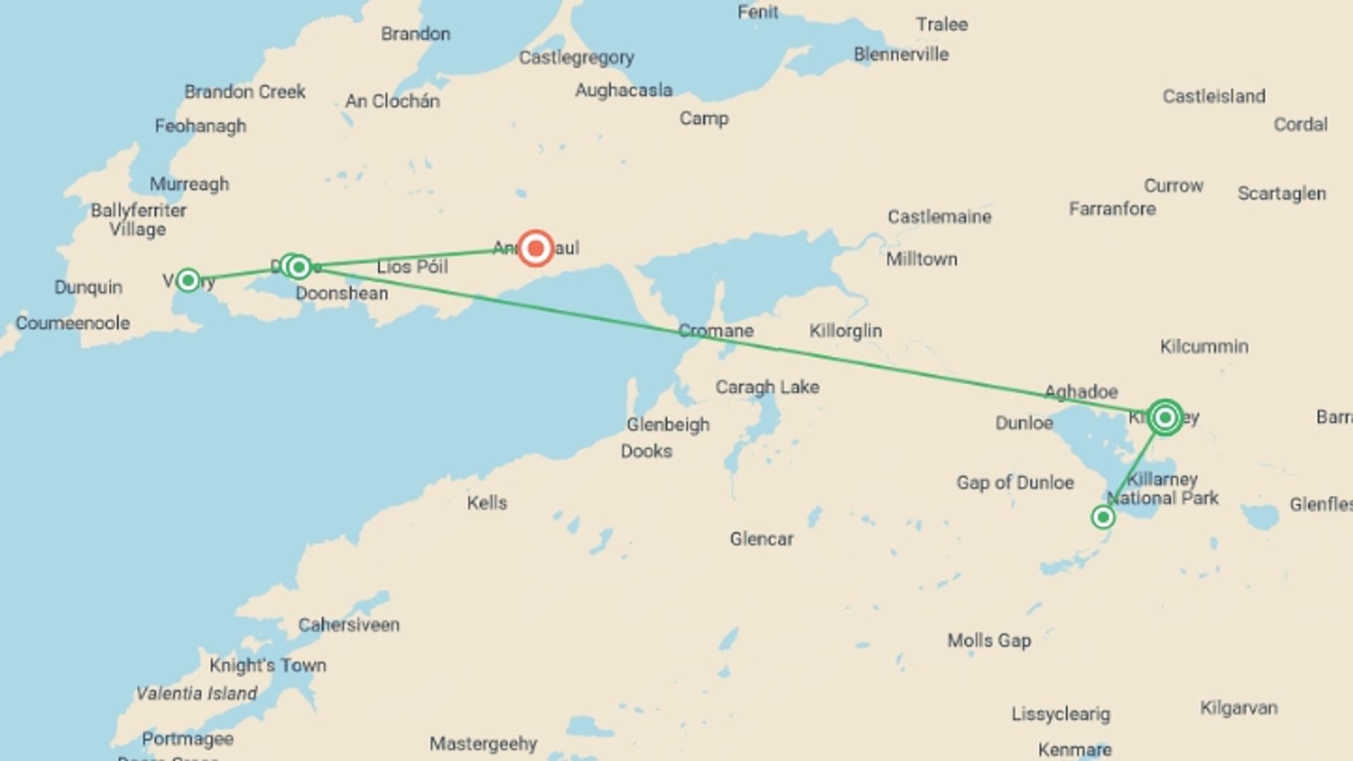 A map showing the tour itinerary for the trip: Walking and Cycling the Wild Atlantic Way, starting in Killarney, Ireland and ending in Annascaul, Ireland going through 1 other destinations.