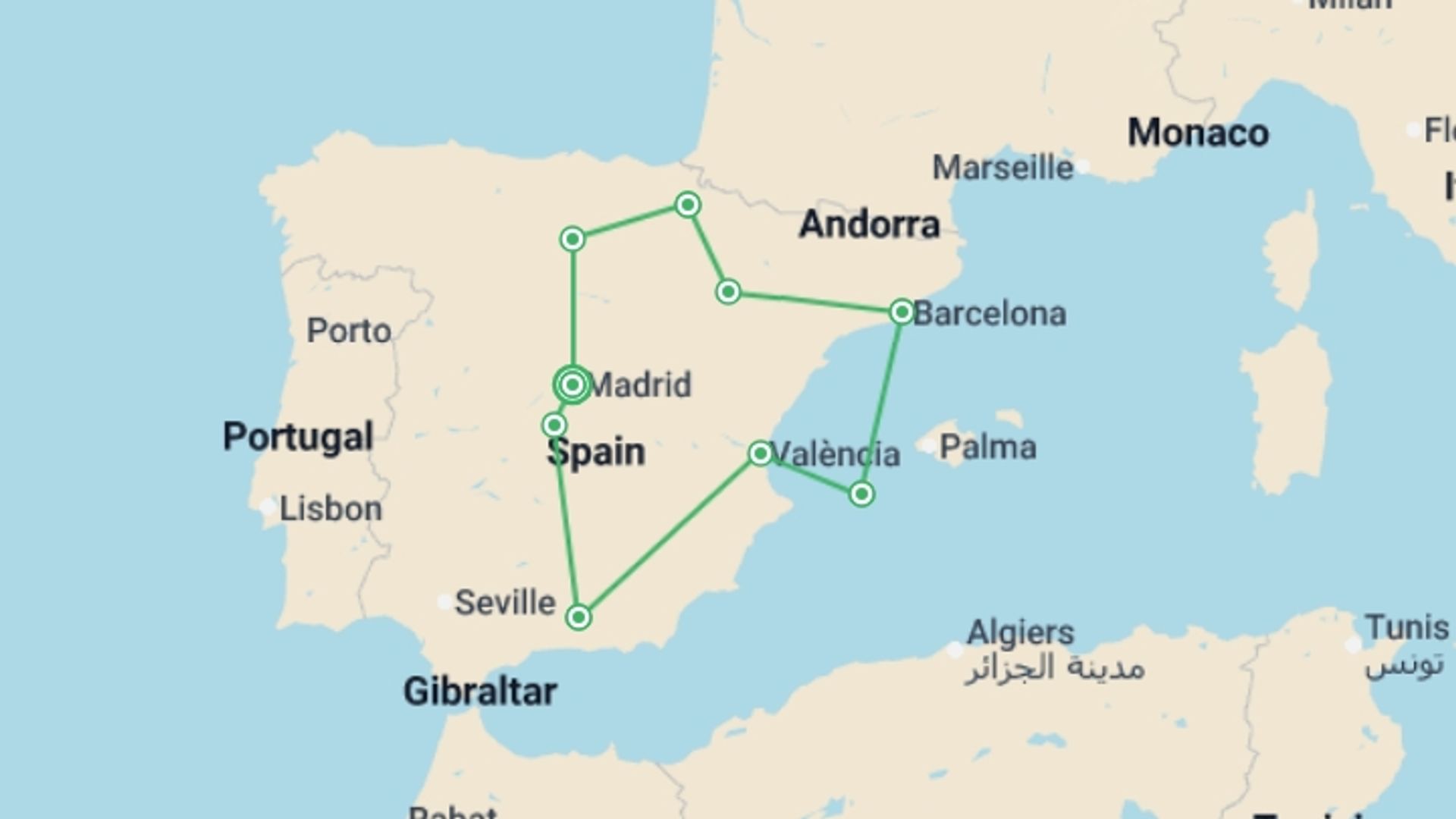 A map showing the tour itinerary for the trip: Best of Spain, starting in Madrid, Spain and ending in Madrid, Spain going through 6 other destinations.