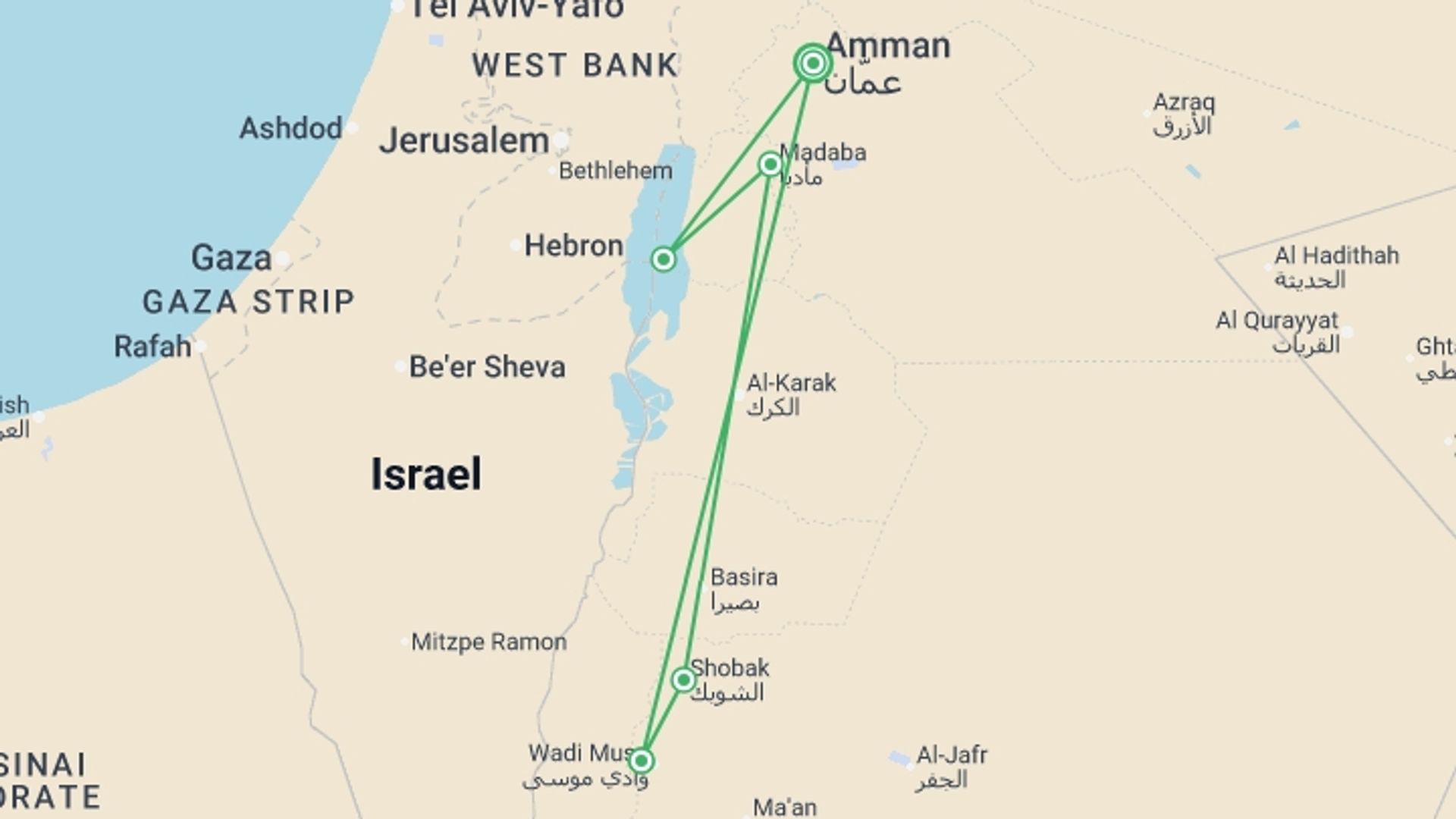 A map showing the tour itinerary for the trip: Petra & The Dead Sea (5 Star) - 4 days, starting in Amman, Jordan and ending in Amman, Jordan going through 2 other destinations.