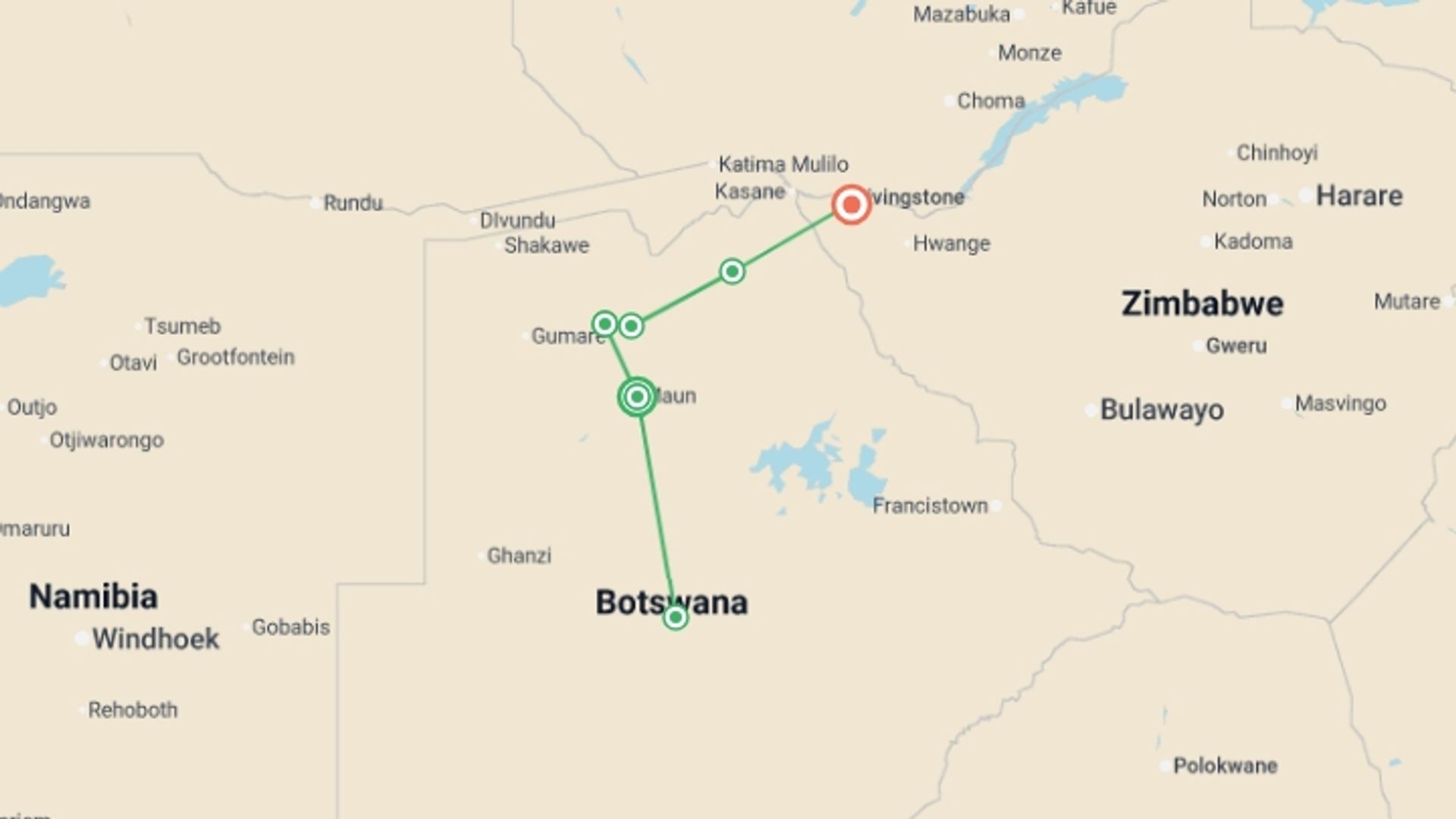 A map showing the tour itinerary for the trip: Botswana Leopard Trail & Kalahari, starting in Maun, Botswana and ending in Victoria Falls, Zimbabwe going through 4 other destinations.