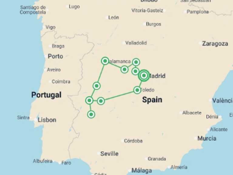 Map itinerary of Mediterranean Tour in April 2027 with 5 destination visits for the trip: Heart Of Spain, Self-drive