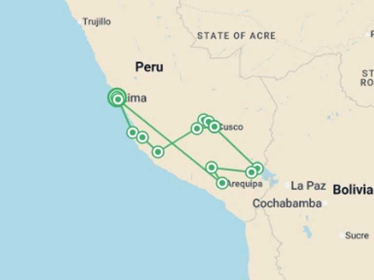 Map itinerary of South America Tour in Summer with 12 destination visits for the trip: Essential Peru - Inti Raymi Festival Departure