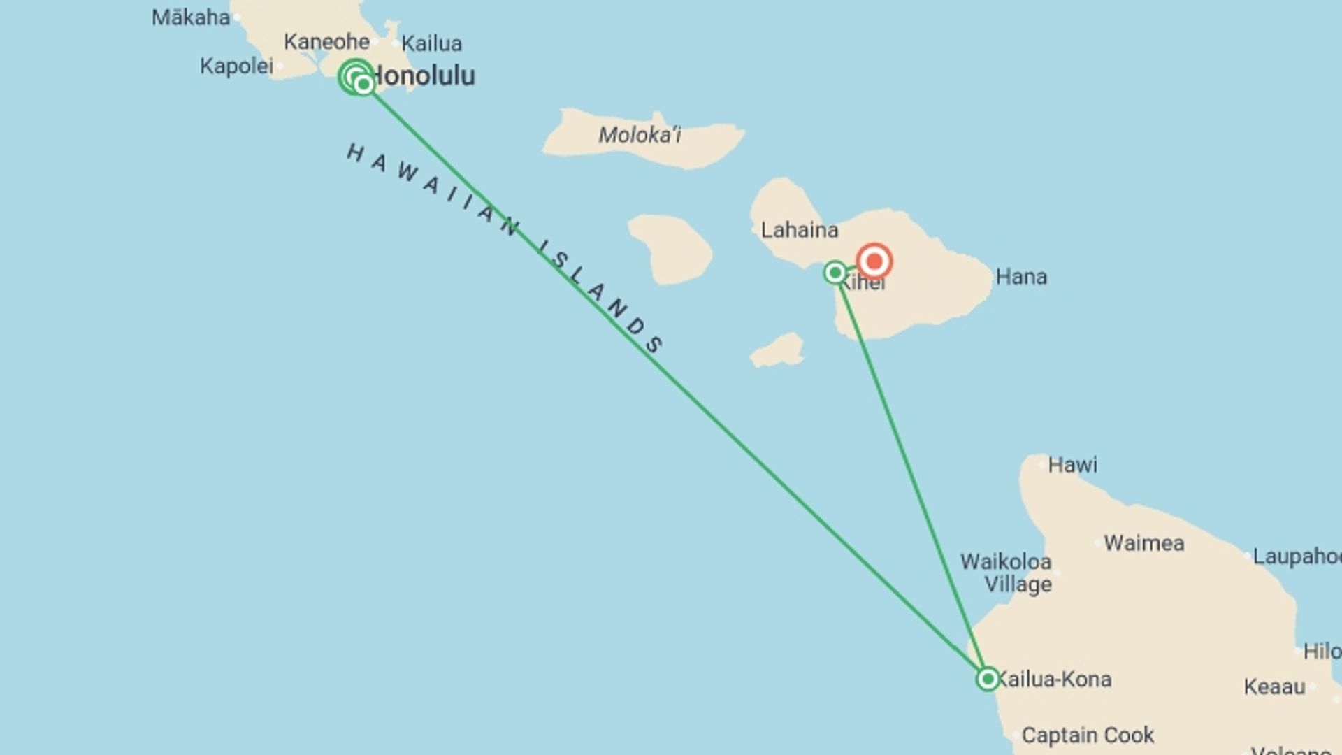 A map showing the tour itinerary for the trip: Hawaiian Adventure  Three Islands featuring O'ahu, Big Island and Maui, starting in Honolulu, USA and ending in Maui, USA going through 4 other destinations.