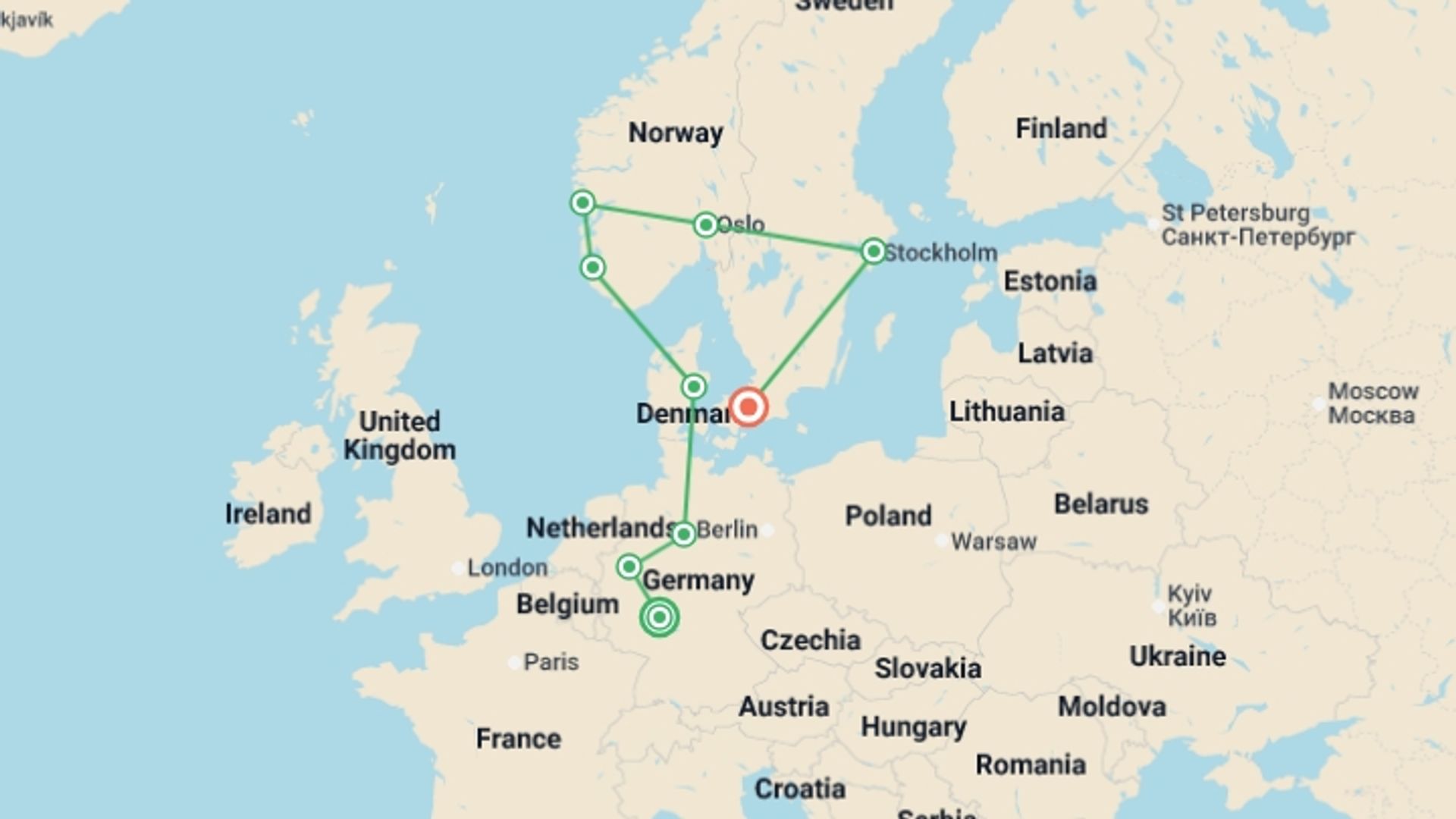 A map showing the tour itinerary for the trip: Beautiful Views End Copenhagen, starting in Frankfurt, Germany and ending in Copenhagen, Denmark going through 7 other destinations.