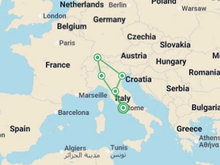 Map of Italy Art and architecture Tour with 5 destination visits for the trip: Italy and Switzerland