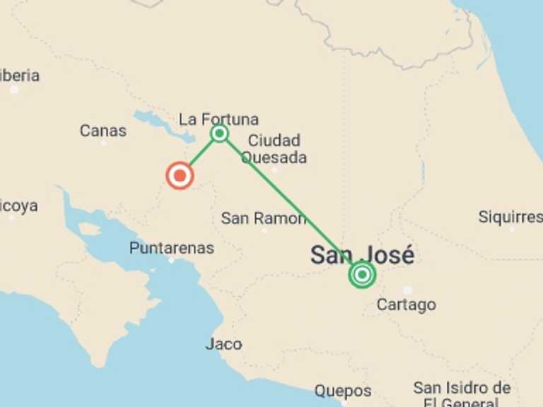 Map of Costa Rica Zip lining Tour with 3 destination visits for the trip: Costa Rica: Volcanoes, Cloud Forests & Zip-Lines