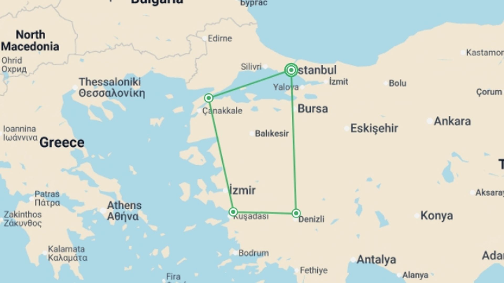 A map showing the tour itinerary for the trip: Taste of Turkey, starting in Istanbul, Turkey and ending in Istanbul, Turkey going through 3 other destinations.