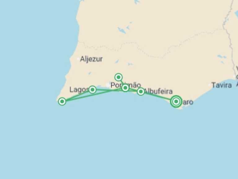 Map itinerary of Europe Tour in October 2026 with 3 destination visits for the trip: Highlights of the Algarve - 8 days