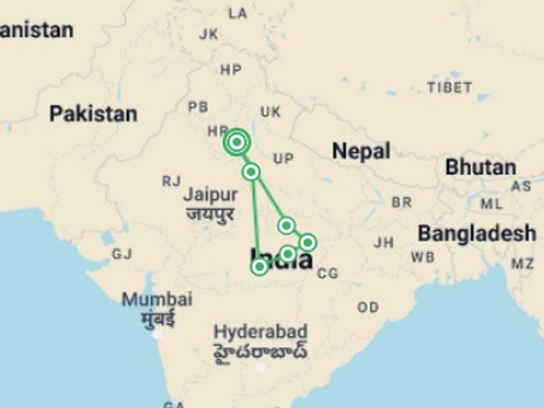 Map of 12-Day New Delhi Tour with 6 destination visits for the trip: India Safari