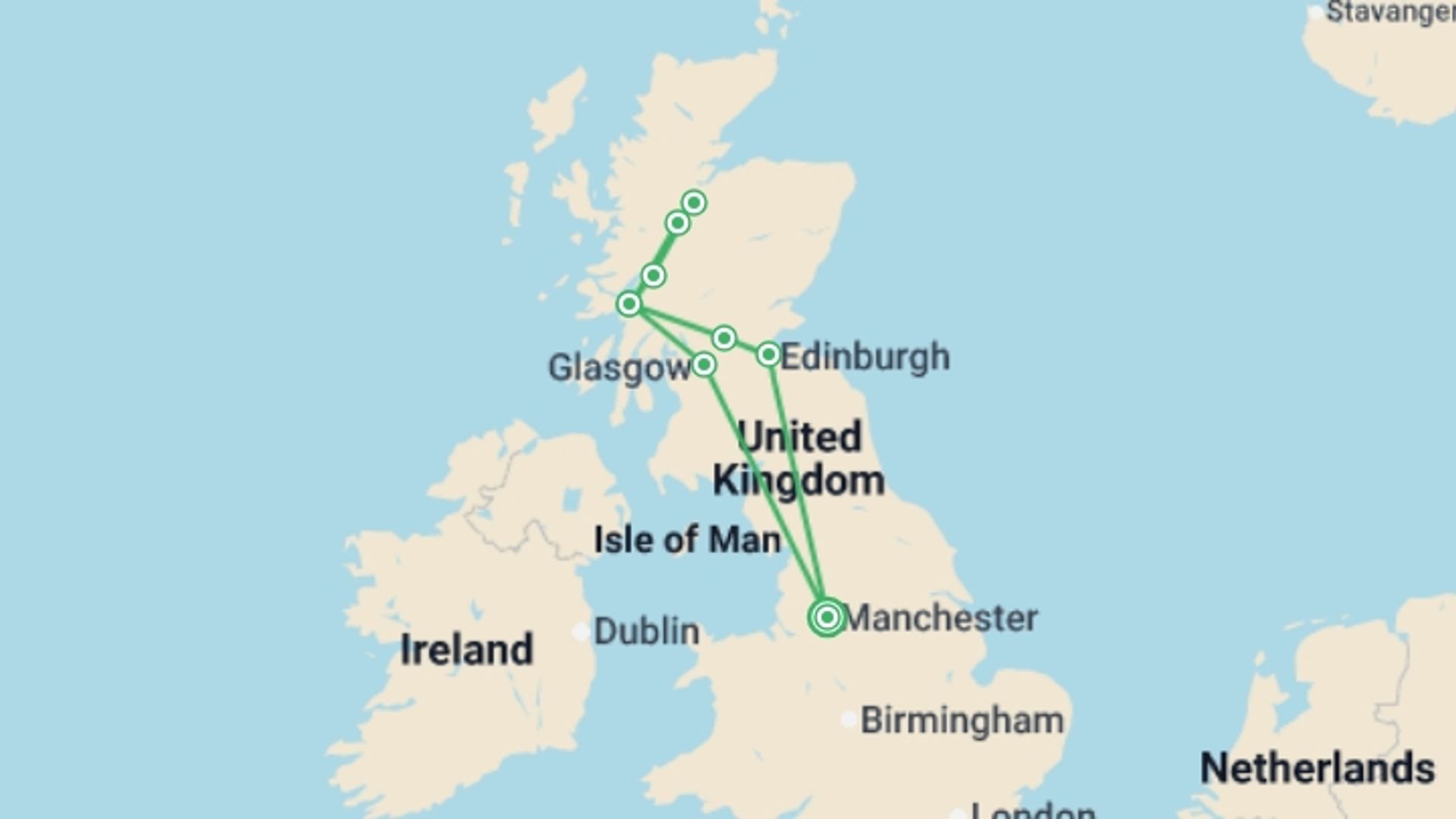 A map showing the tour itinerary for the trip: Manchester to the Scottish Highlands - 4 days, starting in Manchester, England and ending in Manchester, England going through 2 other destinations.