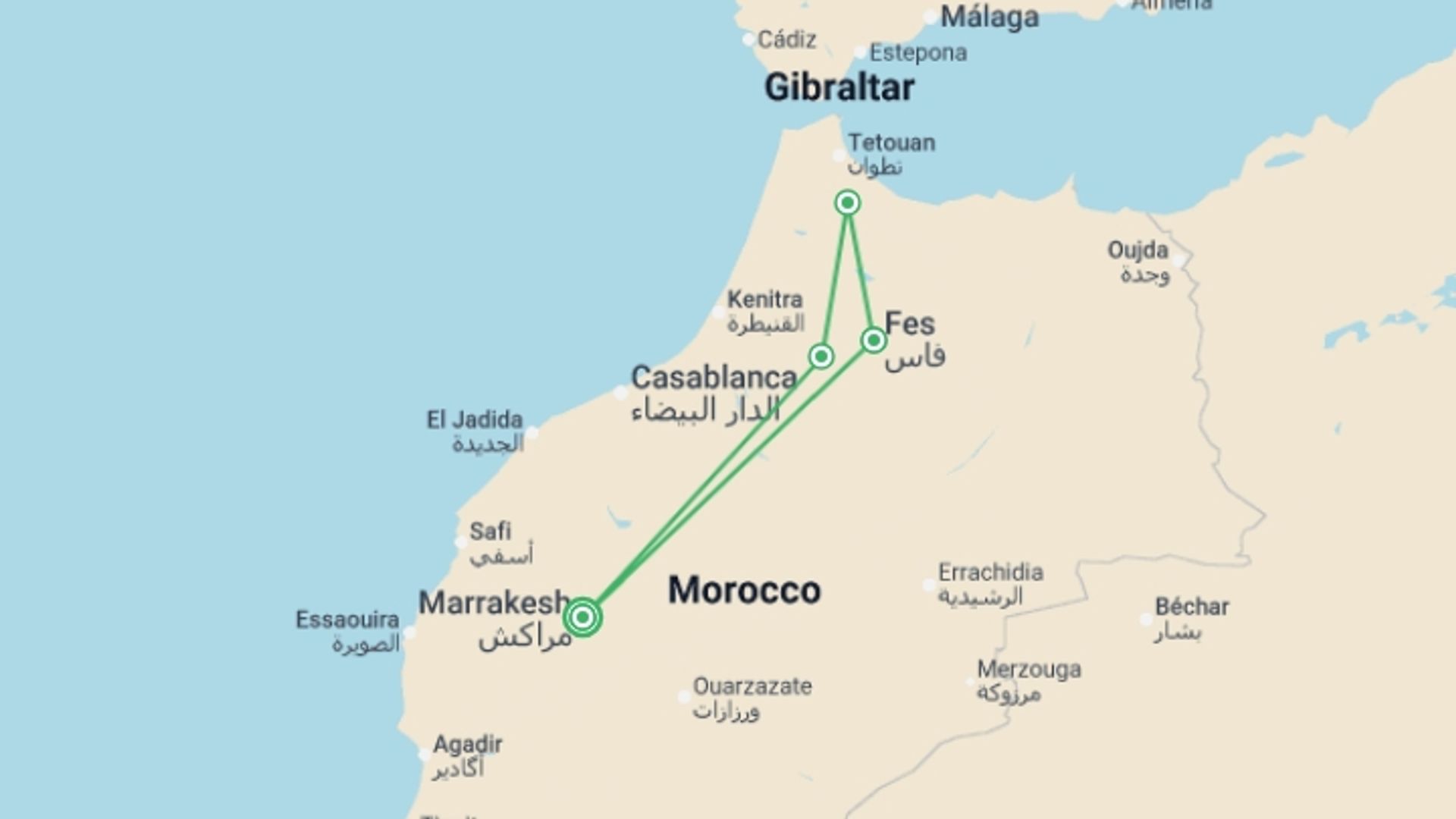 A map showing the tour itinerary for the trip: Chefchaouen And North, Private Tour, starting in Marrakech, Morocco and ending in Marrakech, Morocco going through 3 other destinations.