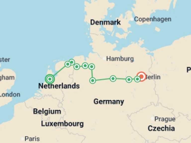 Map of Europe Tour with 10 destination visits for the trip: From Amsterdam to Berlin (port-to-port cruise)