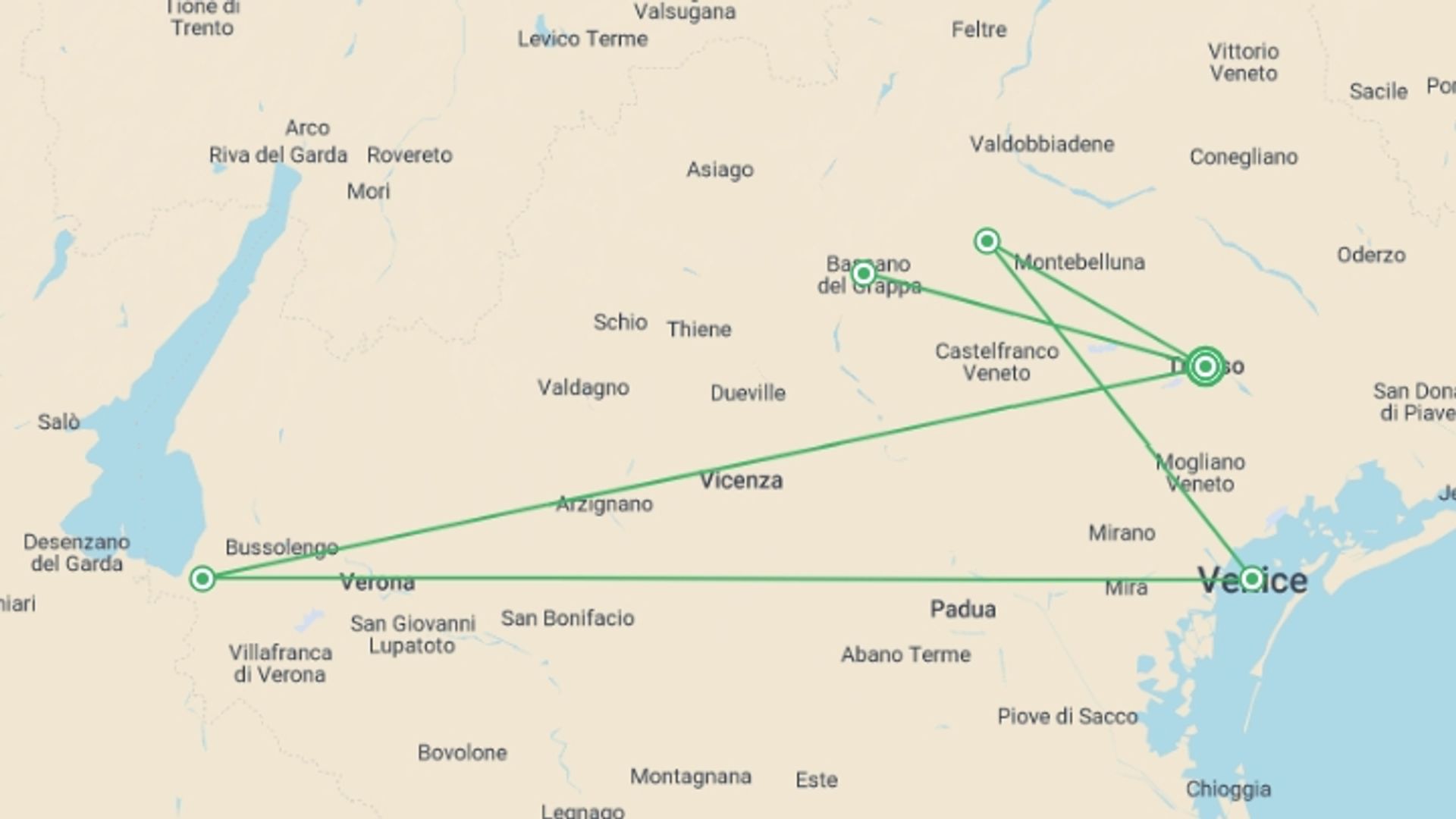 A map showing the tour itinerary for the trip: Spotlight on Northern Italy featuring Venice, Verona & the Dolomites, starting in Treviso, Italy and ending in Treviso, Italy going through 4 other destinations.