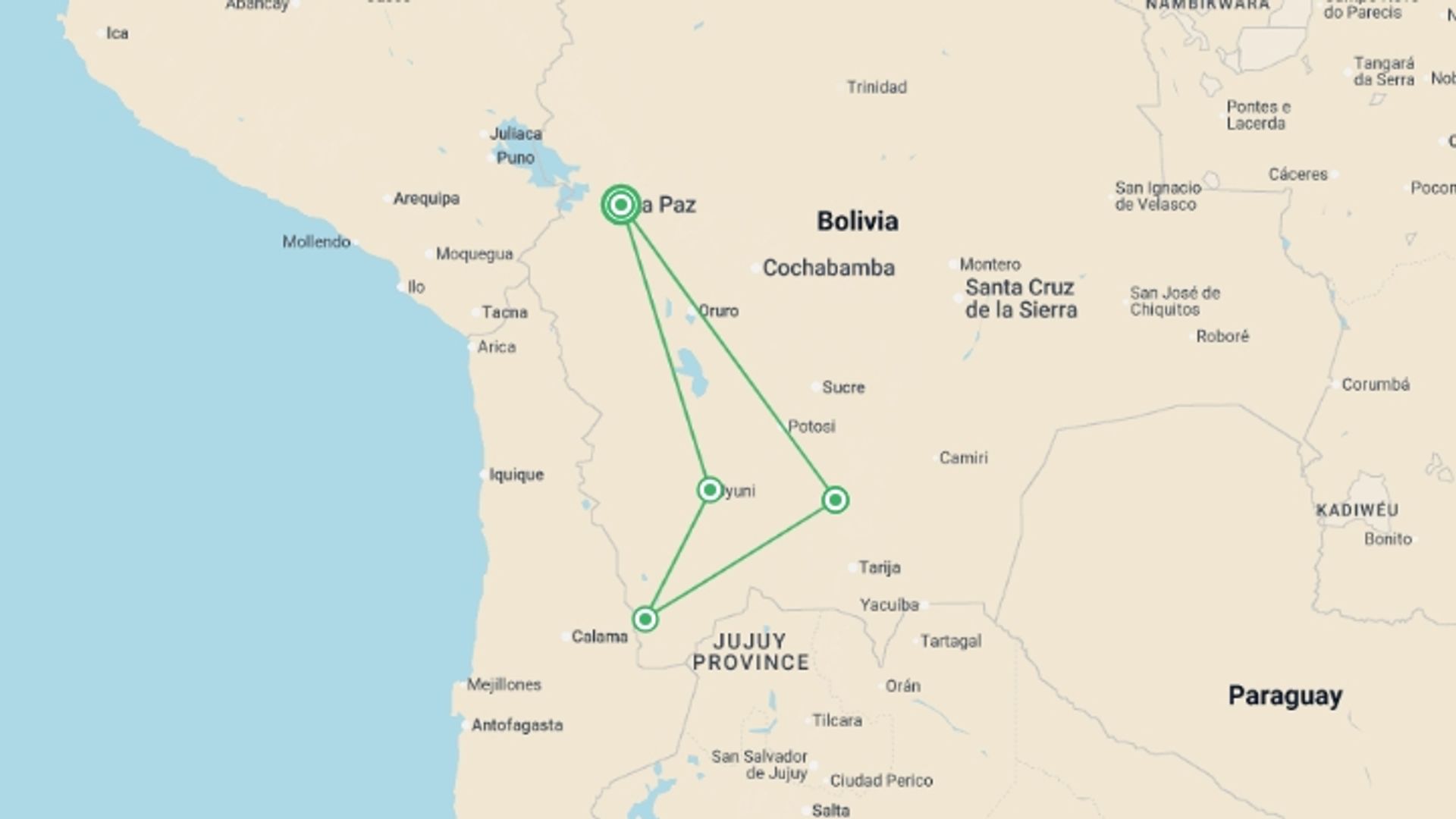 A map showing the tour itinerary for the trip: Essential Bolivia, starting in La Paz, Bolivia and ending in La Paz, Bolivia going through 3 other destinations.