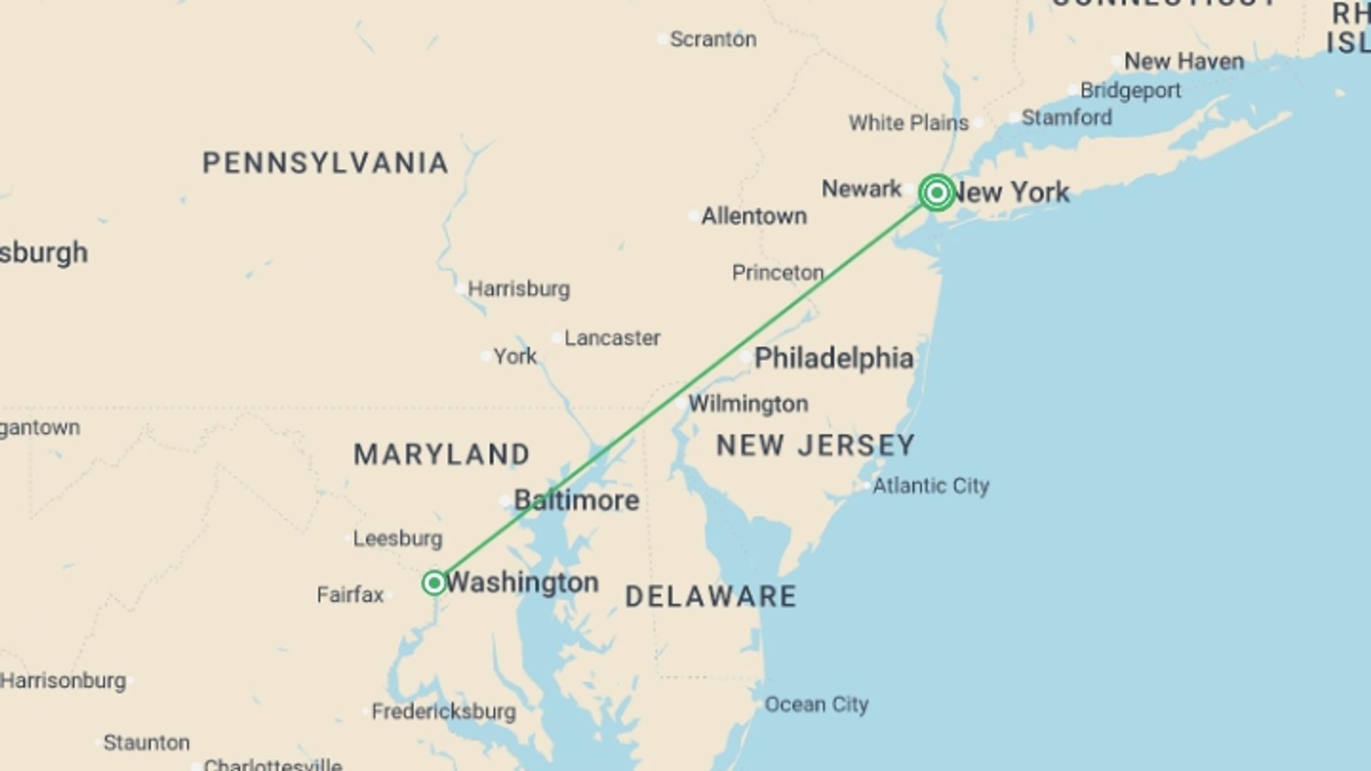 A map showing the tour itinerary for the trip: Big Apple to Capital Adventure - 6 days, starting in New York, USA and ending in New York, USA going through 1 other destinations.