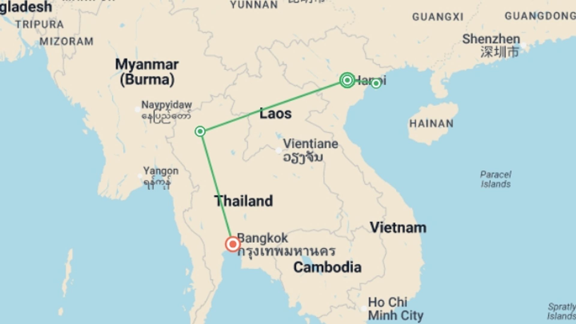 A map showing the tour itinerary for the trip: Vietnam & Thailand Refined Journey - 11 days, starting in Hanoi, Vietnam and ending in Bangkok, Thailand going through 2 other destinations.