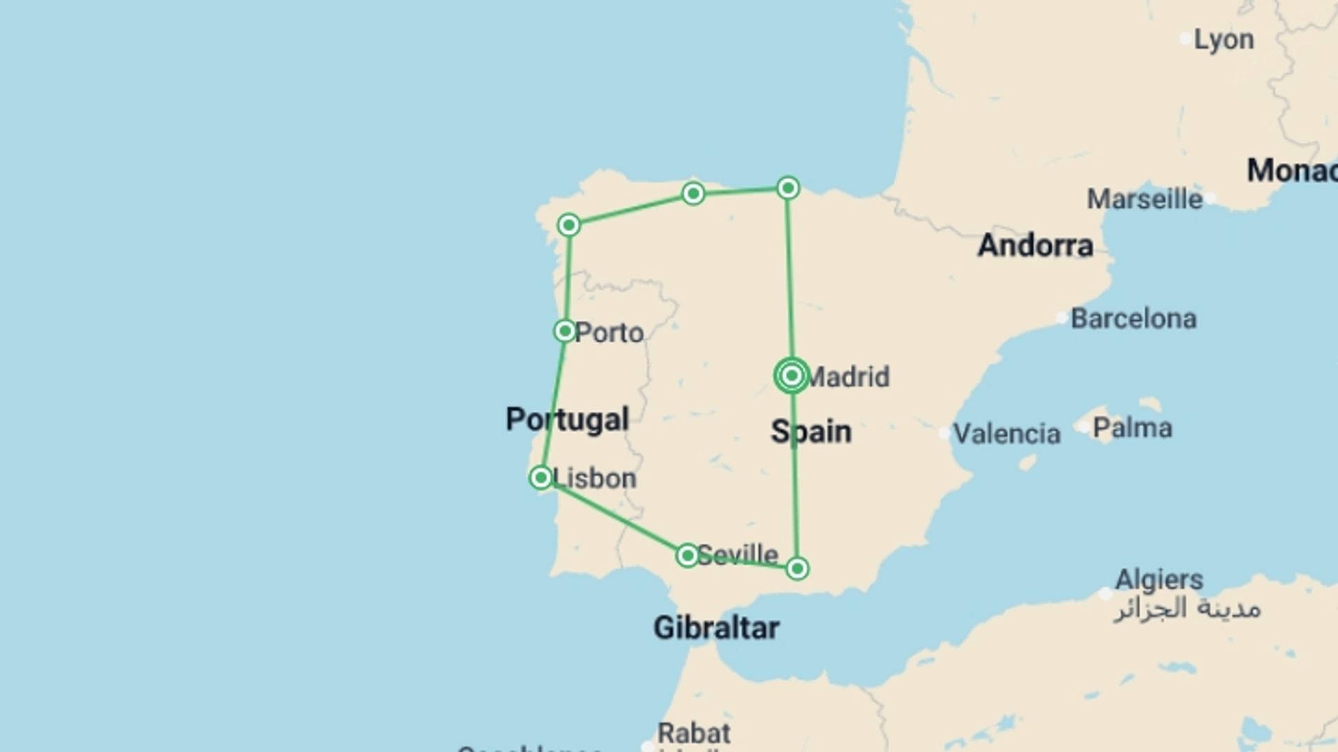 A map showing the tour itinerary for the trip: Madrid, Portugal and North of Spain, starting in Madrid, Spain and ending in Madrid, Spain going through 7 other destinations.