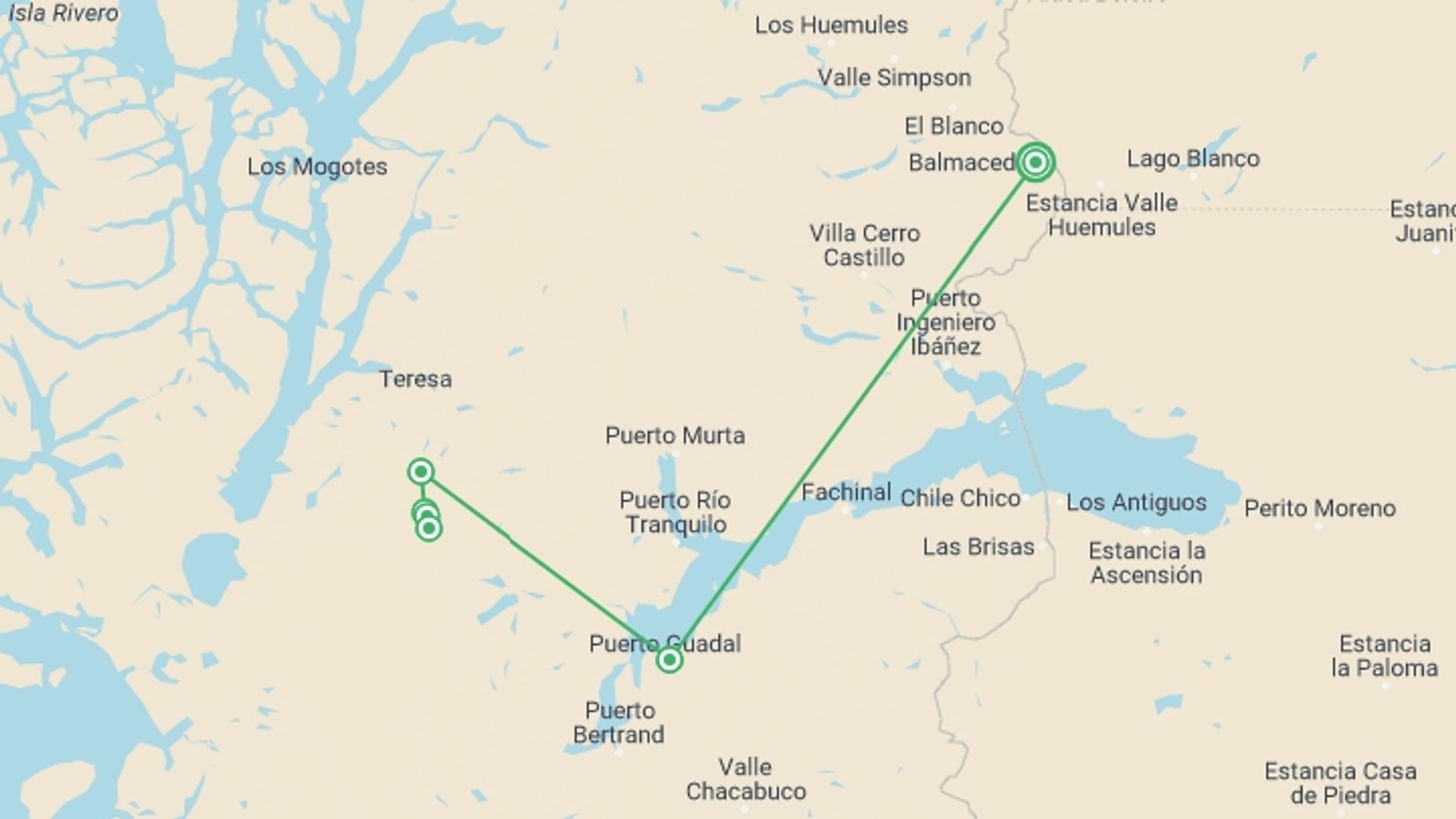 A map showing the tour itinerary for the trip: San Valentin Expedition with Soren Kruse Ledet, starting in Balmaceda, Chile and ending in Balmaceda, Chile going through 6 other destinations.