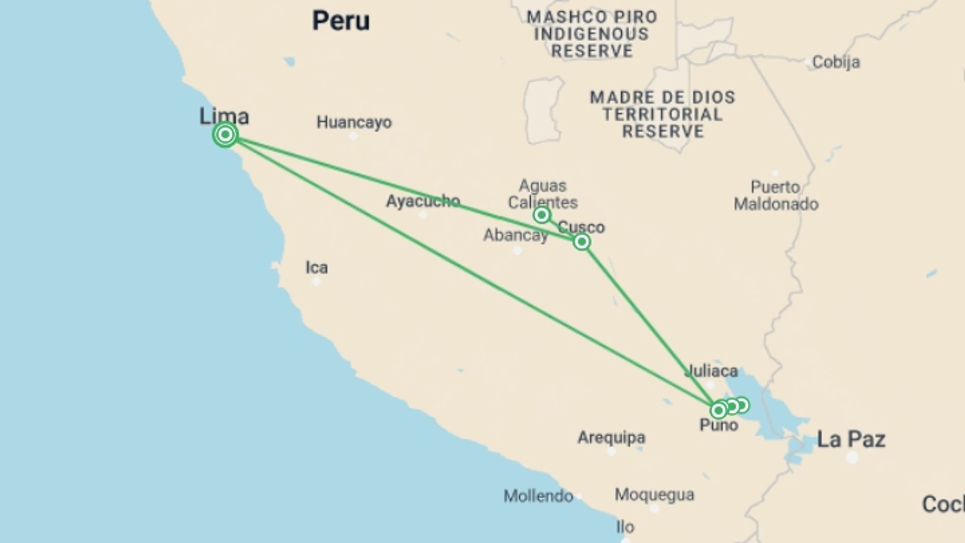 A map showing the tour itinerary for the trip: 9 Days - The Best of Peru , starting in Lima, Peru and ending in Lima, Peru going through 6 other destinations.