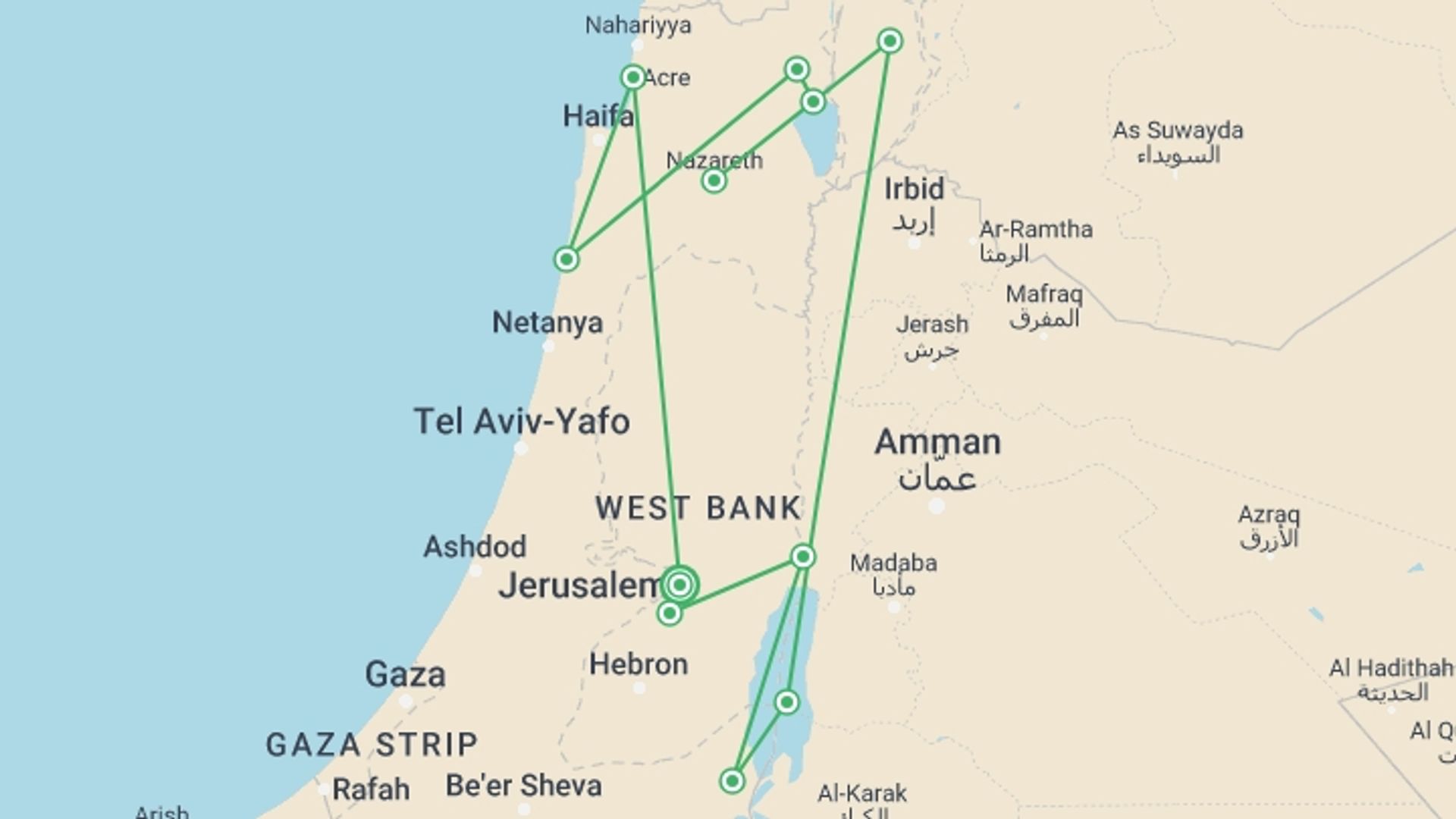 A map showing the tour itinerary for the trip: Classical Israel Tour Package, 6 Days From Jerusalem, starting in Jerusalem, Israel and ending in Jerusalem, Israel going through 5 other destinations.