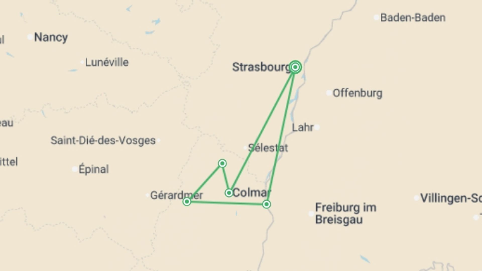 A map showing the tour itinerary for the trip: Alsace: land of tradition and gastronomy (port-to-port cruise), starting in Strasbourg, France and ending in Strasbourg, France going through 2 other destinations.