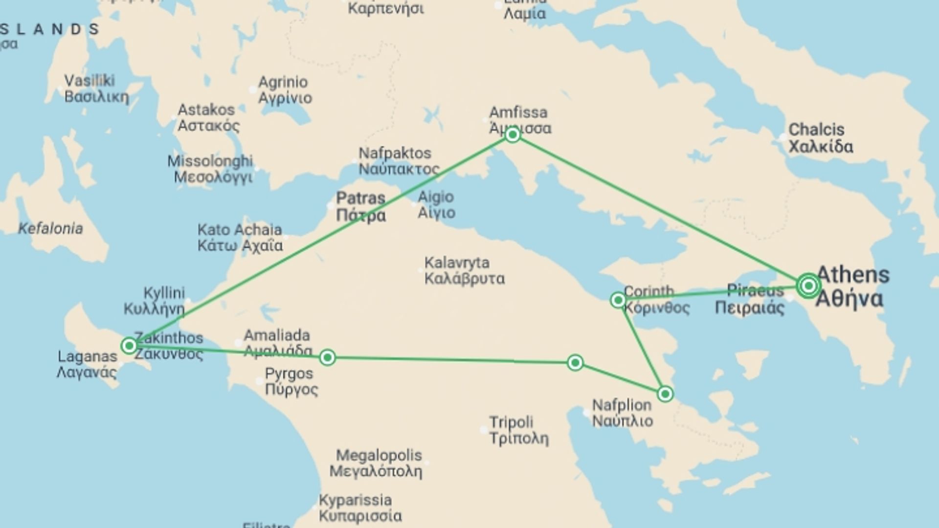A map showing the tour itinerary for the trip: Ancient Greece & Zakynthos - 8 days, starting in Athens, Greece and ending in Athens, Greece going through 3 other destinations.