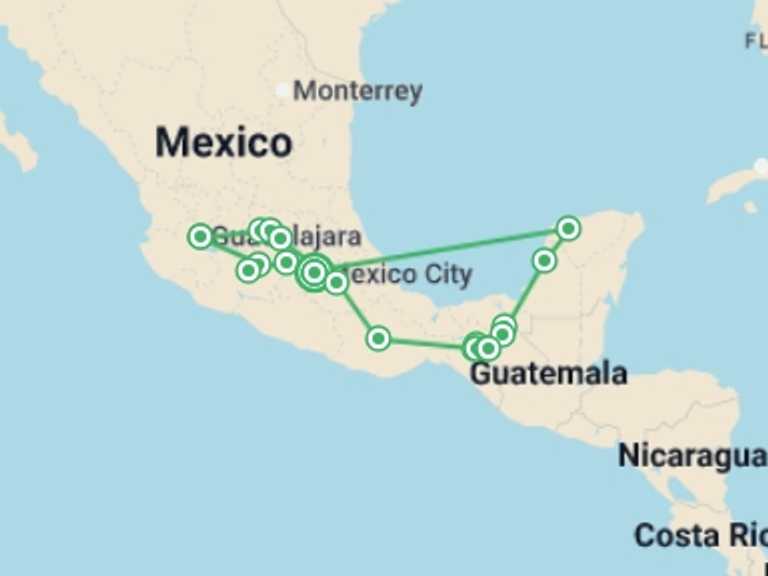 Map of 16-Day North America Tour with 12 destination visits for the trip: Unforgettable Mexico