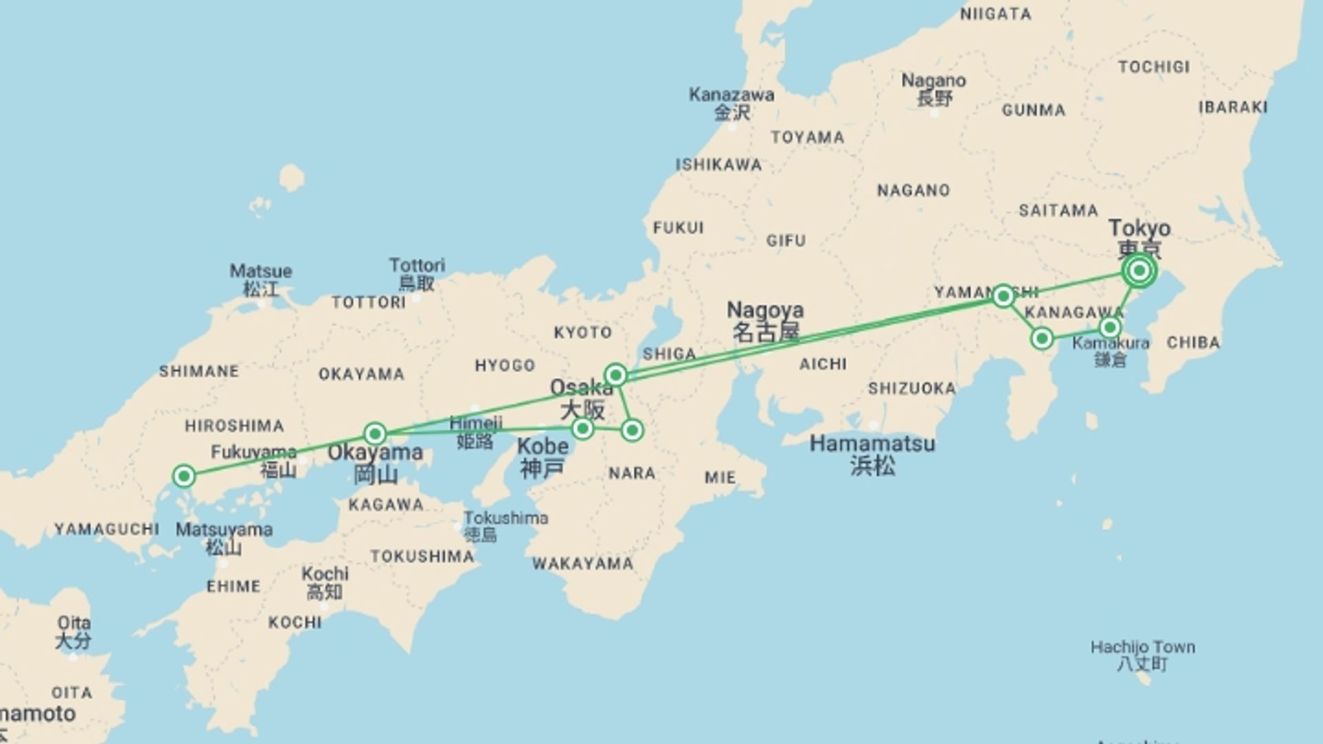 A map showing the tour itinerary for the trip: Treasures Of Japan, starting in Tokyo, Japan and ending in Tokyo, Japan going through 6 other destinations.
