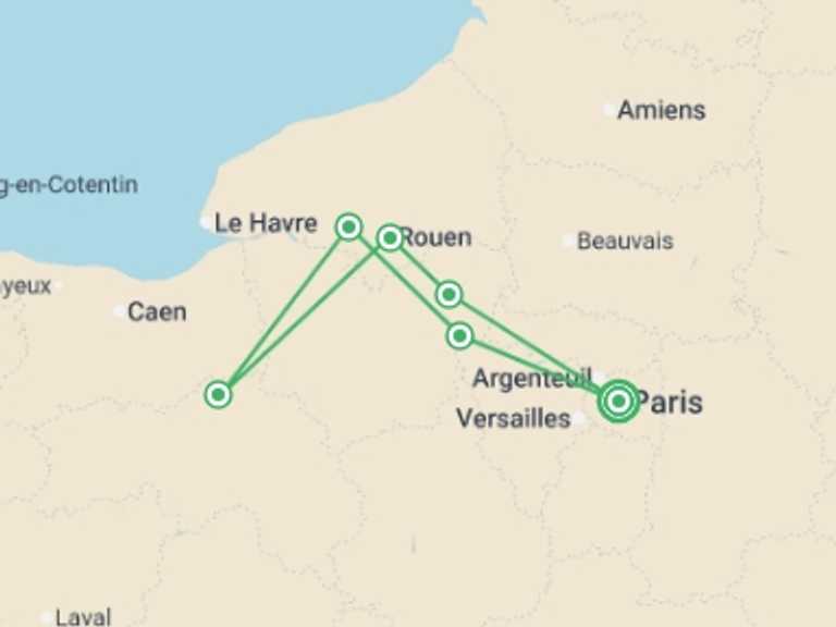 Map itinerary of France Tour in May 2026 with 6 destination visits for the trip: The Seine Valley (port-to-port cruise)
