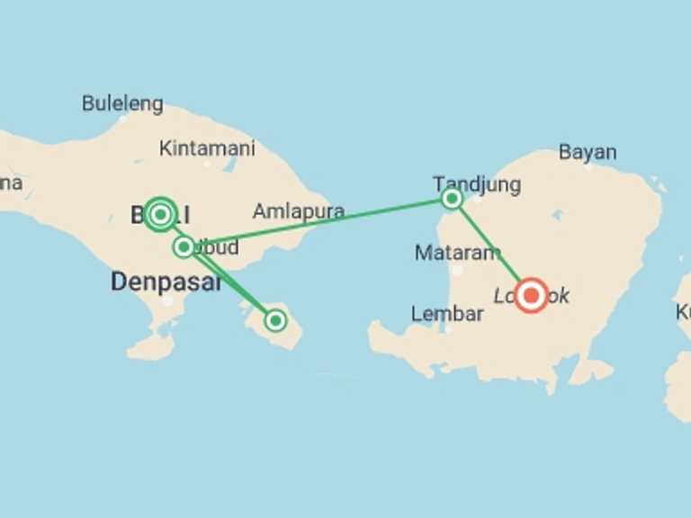 Map of Indonesia Tour with 5 destination visits for the trip: Bali & Gili Islands Trip: 13 Days - -