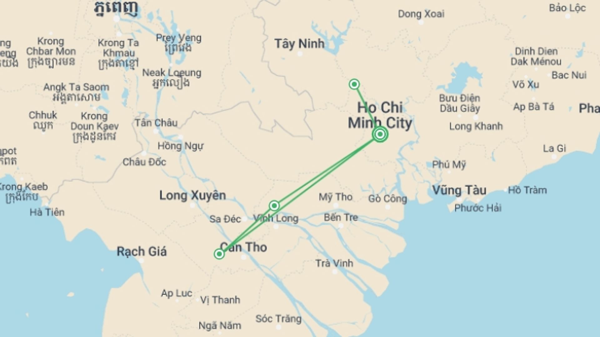 A map showing the tour itinerary for the trip: Ho Chi Minh City & Mekong Delta Tour, starting in Ho Chi Minh City, Vietnam and ending in Ho Chi Minh City, Vietnam going through 2 other destinations.