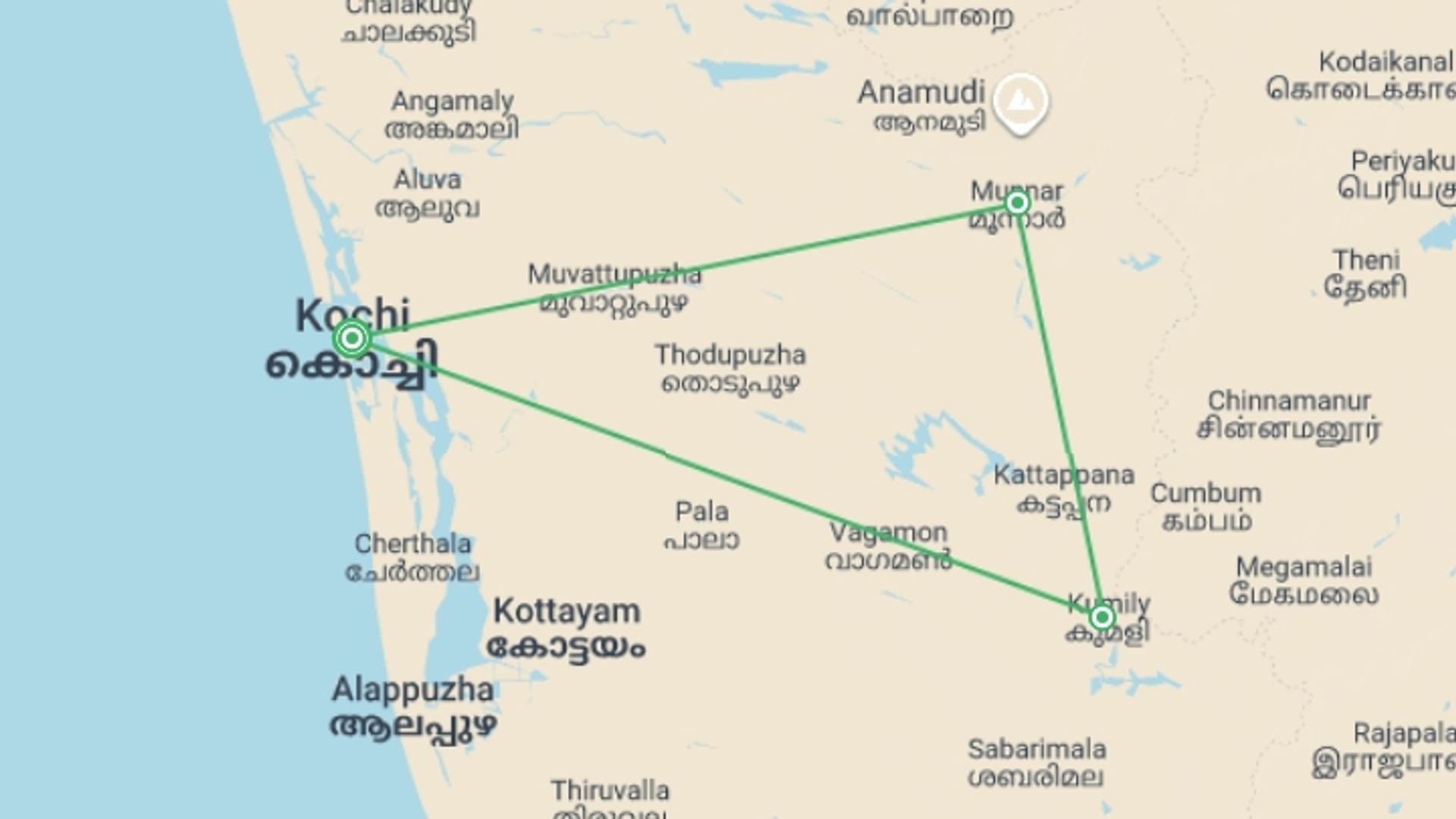 A map showing the tour itinerary for the trip: A Taste of Southern India - Temples and Tea Plantations, starting in Kochi, India and ending in Kochi, India going through 3 other destinations.