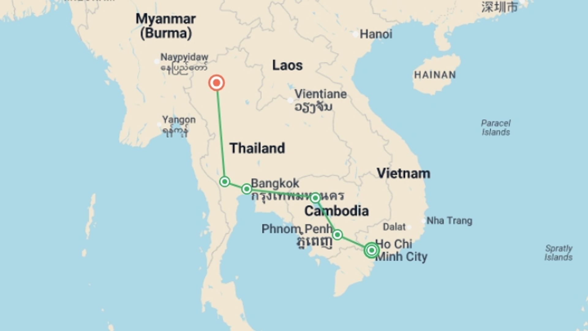 A map showing the tour itinerary for the trip: Best of Cambodia & Northern Thailand, starting in Ho Chi Minh City, Vietnam and ending in Chiang Mai, Thailand going through 4 other destinations.