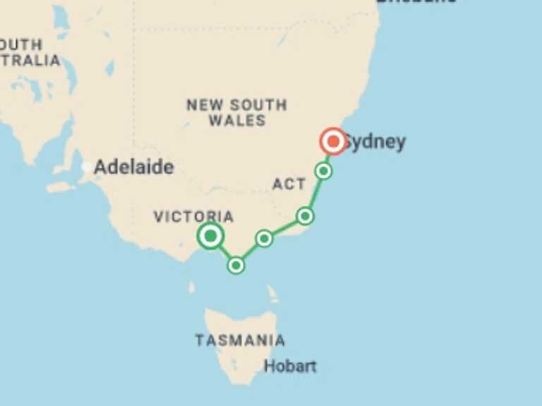 Map itinerary of Oceania Tour in October 2027 with 6 destination visits for the trip: Melbourne to Sydney Adventure