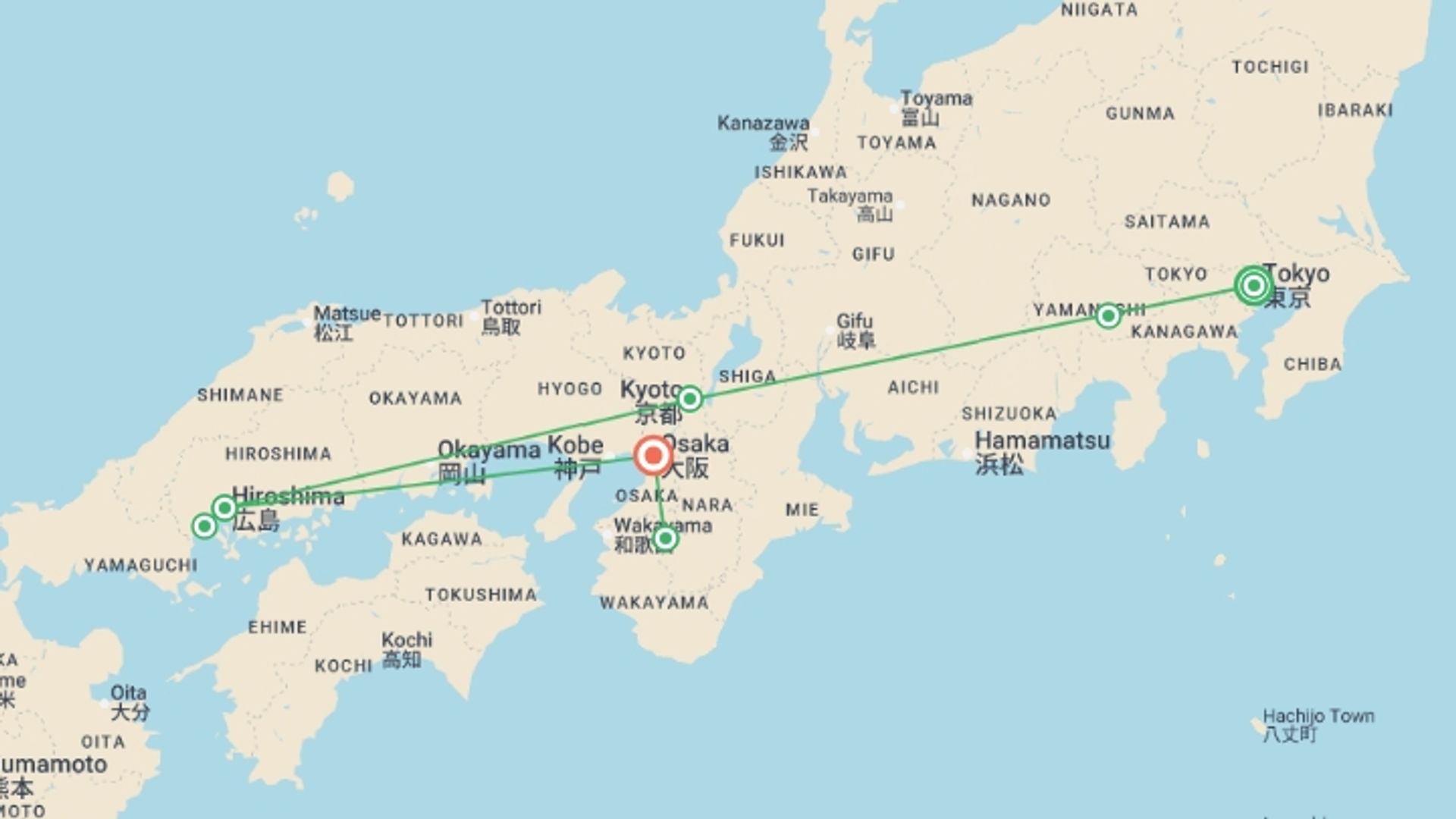 A map showing the tour itinerary for the trip: Best of Japan with Koya-san 2026, starting in Tokyo, Japan and ending in Osaka, Japan going through 4 other destinations.