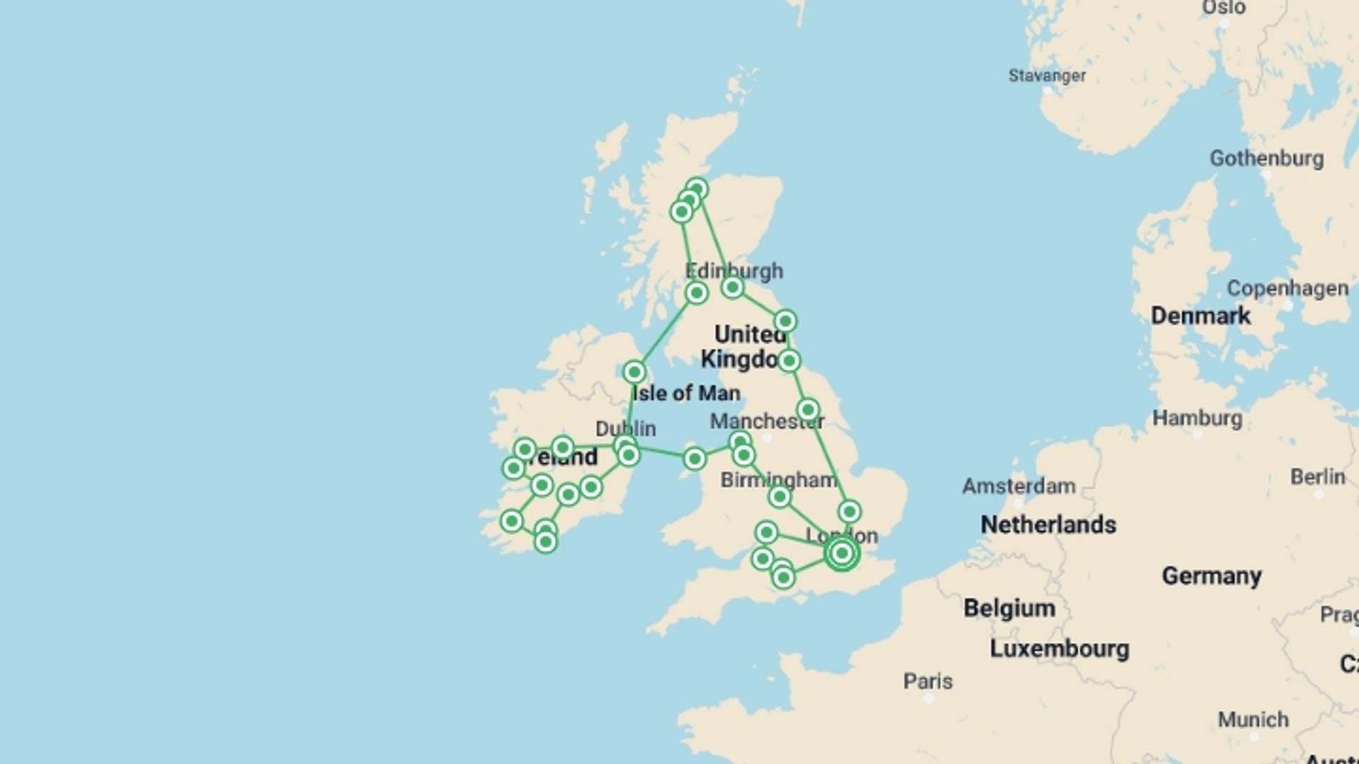 A map showing the tour itinerary for the trip: London, Scotland, Ireland, and Southern England, starting in London, England and ending in London, England going through 10 other destinations.
