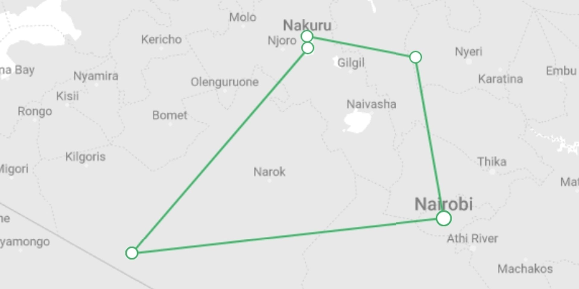 A map showing the tour itinerary for the trip: Highlights of Kenya, starting in Nairobi, Kenya and ending in Nairobi, Kenya going through 1 other destinations.