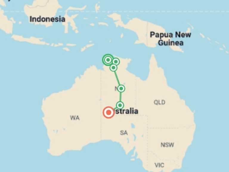 Map of Oceania Sightseeing Tour with 7 destination visits for the trip: Northern Territory Explorer