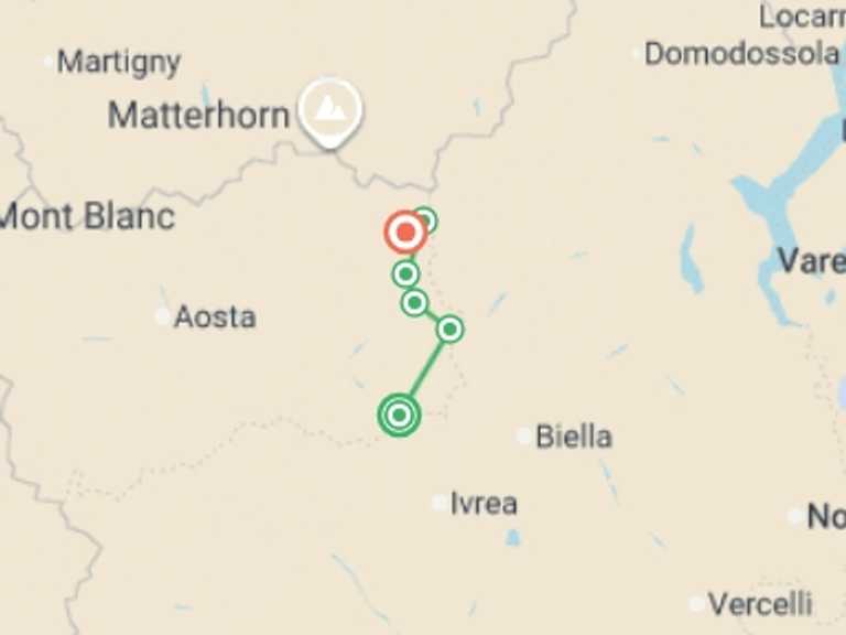 Map of Europe Sightseeing Tour with 7 destination visits for the trip: Monte Rosa Alpine Hike