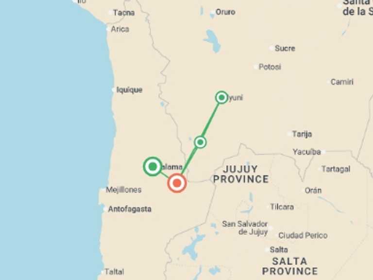 Map of South America Tour with 4 destination visits for the trip: Atacama & Uyuni Salt Flats Adventure 7D/6N