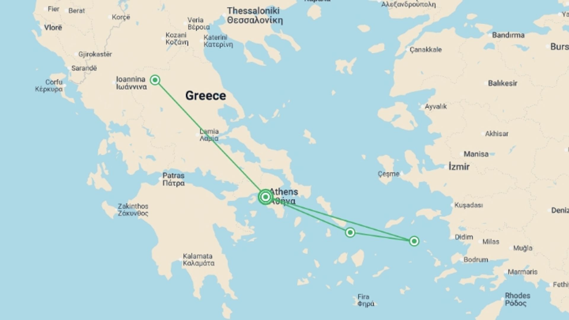 A map showing the tour itinerary for the trip: Athens, Northern Greece and the Beautiful Aegean Int, starting in Athens, Greece and ending in Athens, Greece going through 3 other destinations.
