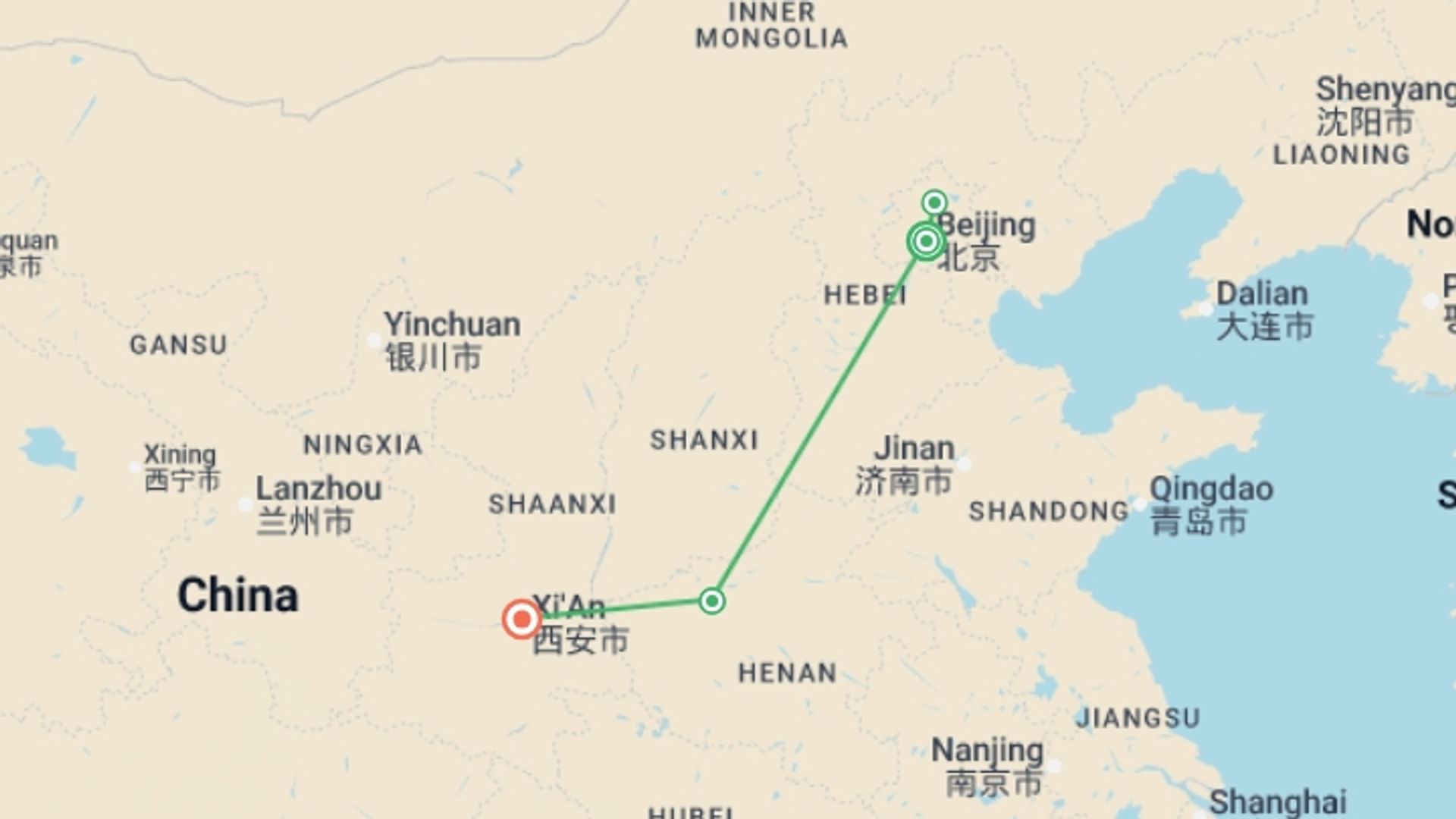 A map showing the tour itinerary for the trip: China Express - 8 days, starting in Beijing, China and ending in Xian, China going through 4 other destinations.