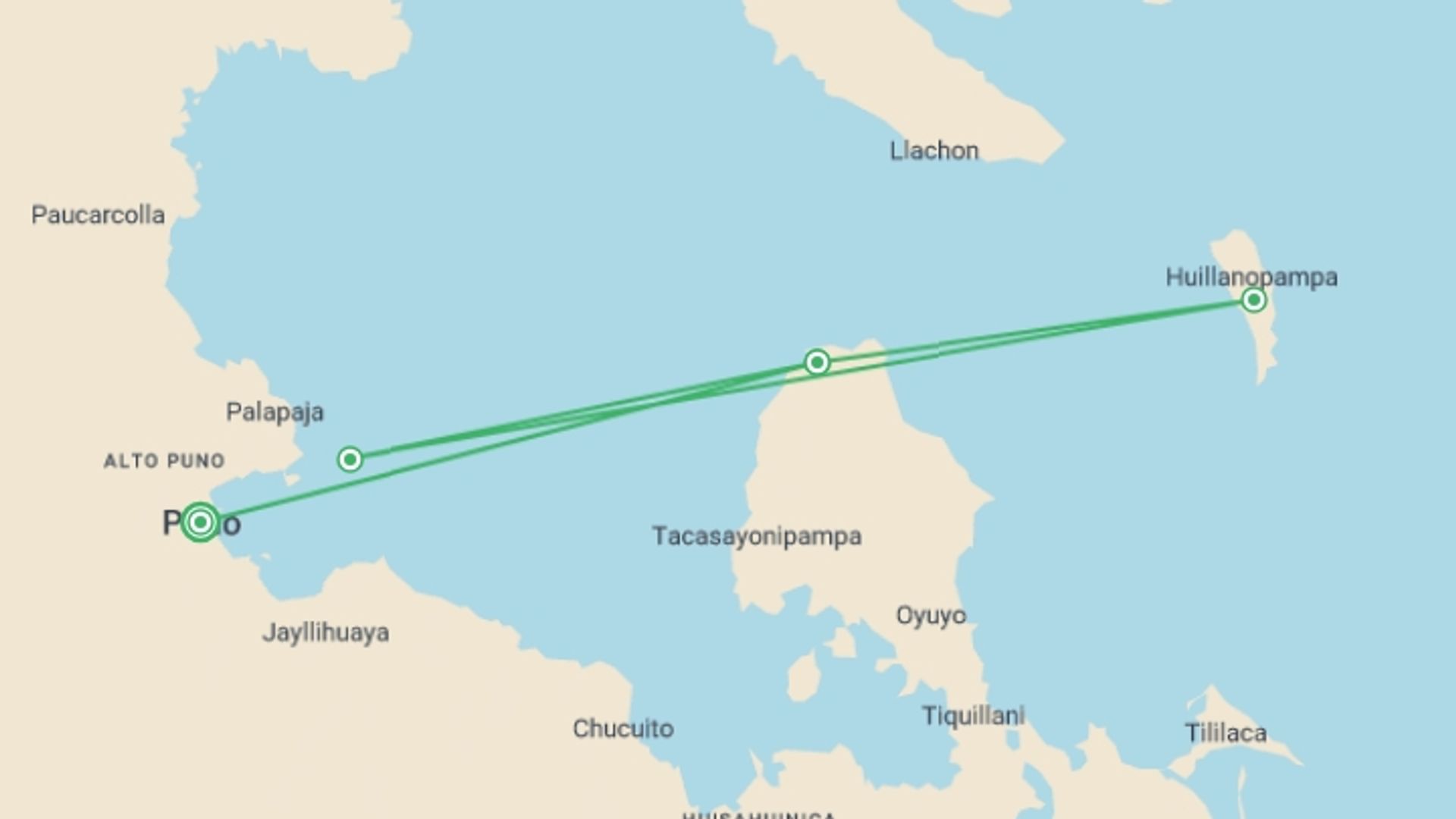 A map showing the tour itinerary for the trip: 3-day Private Lake Titicaca Community Experience: Luquina, Uros & Taquile, starting in Puno, Peru and ending in Puno, Peru going through 1 other destinations.