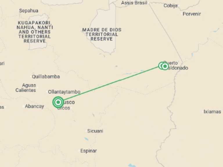 Map itinerary of South America Tour in November 2026 with 2 destination visits for the trip: Puerto Maldonado Amazon Eco-Lodge 5D/4N (from Cuzco)