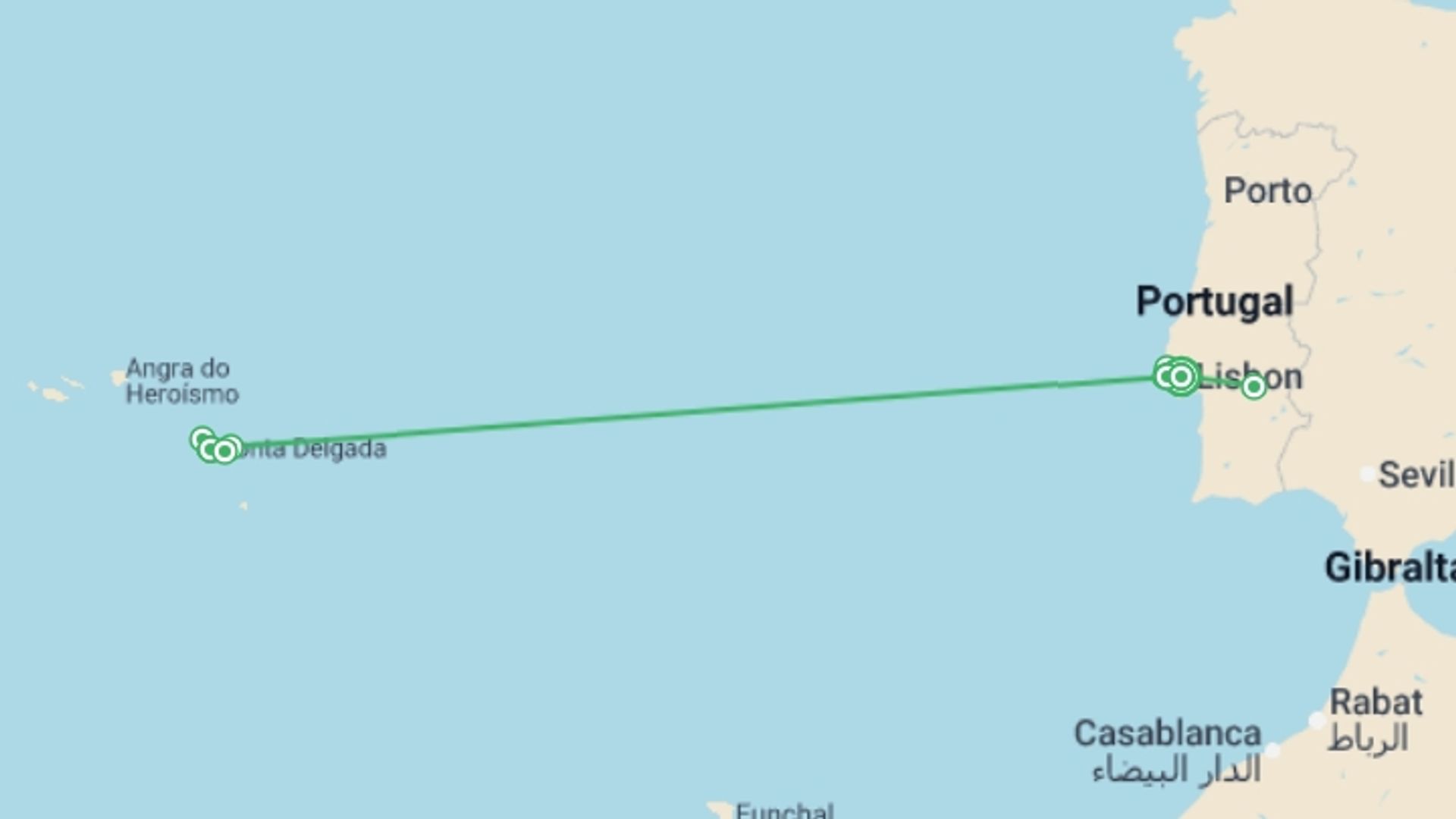 A map showing the tour itinerary for the trip: Essence of Portugal & the Azores - 9 days, starting in Lisbon, Portugal and ending in Lisbon, Portugal going through 1 other destinations.