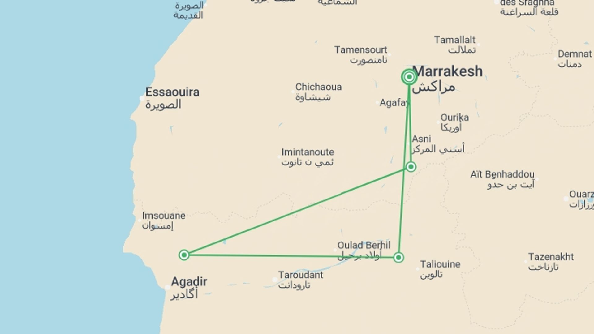 A map showing the tour itinerary for the trip: Berber Villages Trek 4D/3N, starting in Marrakech, Morocco and ending in Marrakech, Morocco going through 3 other destinations.
