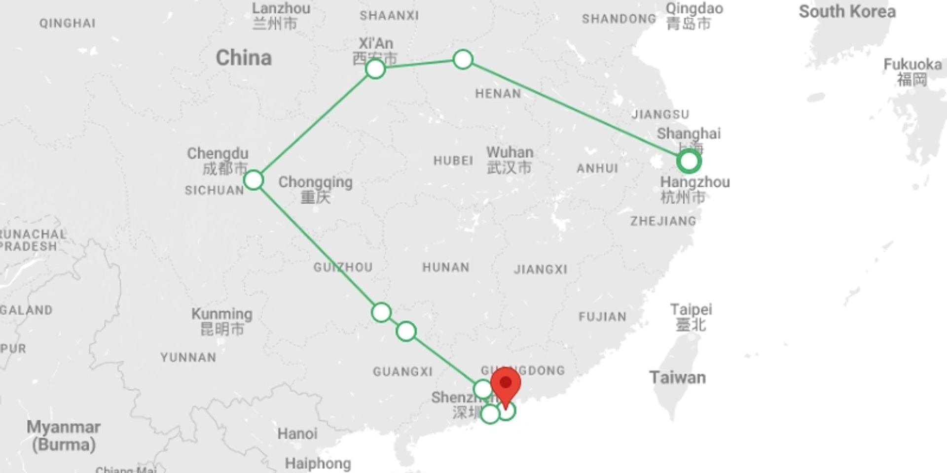 A map showing the tour itinerary for the trip: Discover China end Hong Kong, starting in Shanghai, China and ending in Hong Kong, Hong Kong going through 7 other destinations.