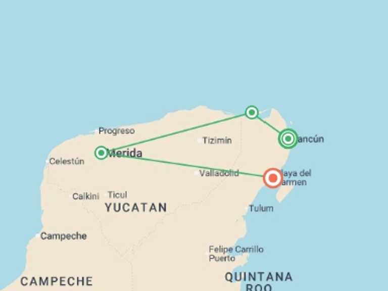 Map of Mexico Sightseeing Tour with 4 destination visits for the trip: Mexico Yucatan Loop